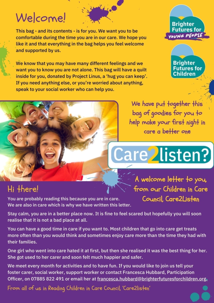 A yellow and purple leaflet with a letter to children about their first night in care